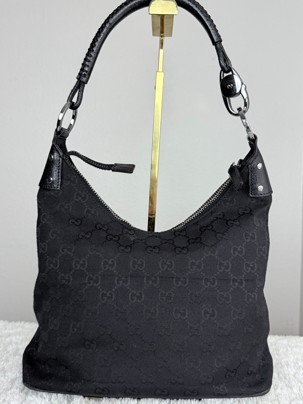 Gucci Black GG Monogram Shoulder Hobo Bag